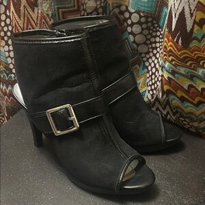 a.n.a Black Suede Peep-Toe Buckle Ankle Heeled Boots